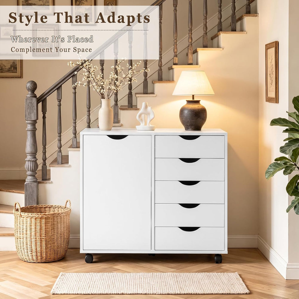 SweetGO 5 Drawer Wood File Cabinet with Wheels, Large Storage Printer Stand f...