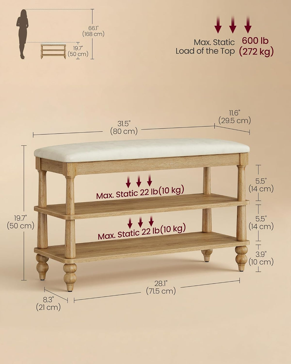 VASAGLE 2-Tier Shoe Bench, Wooden Entryway Bench, 31.5 Inches Width