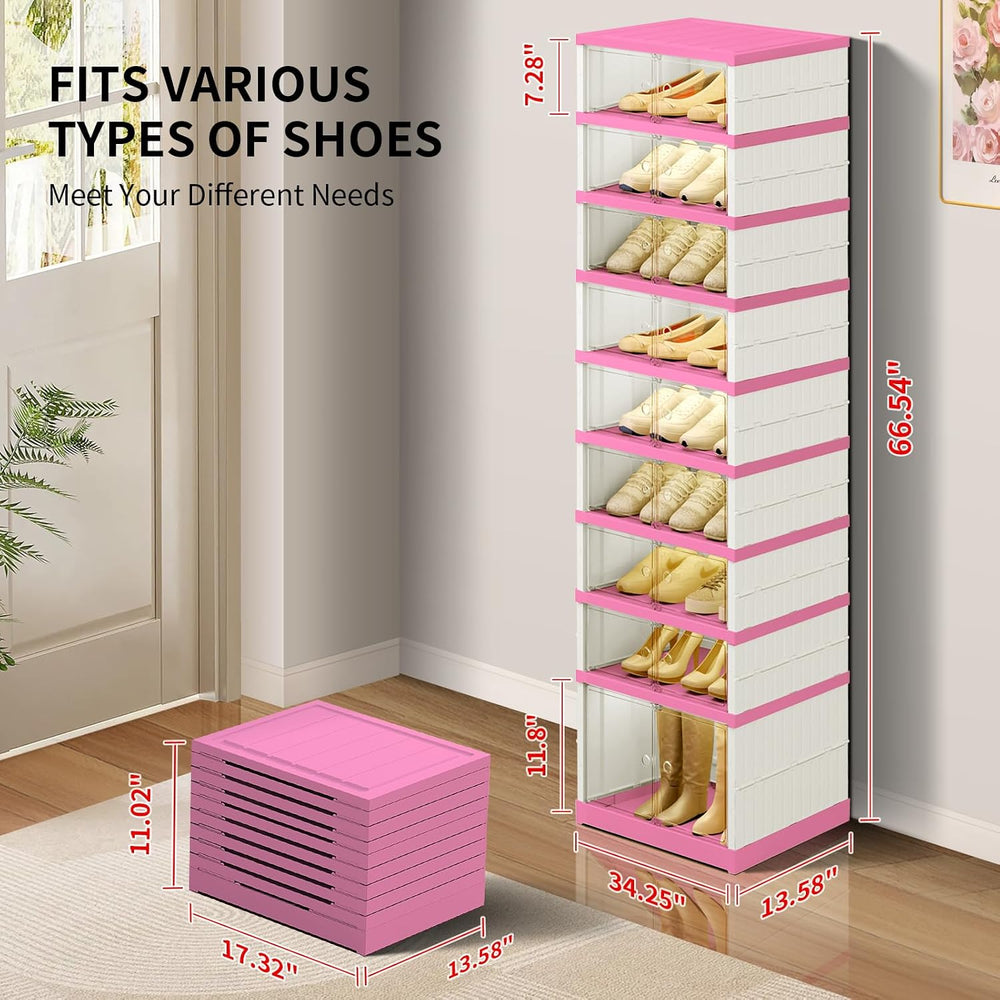CIMLORD 9-Tier Foldable Shoe Rack Organizer with Doors, 18 Pairs,White-Pink
