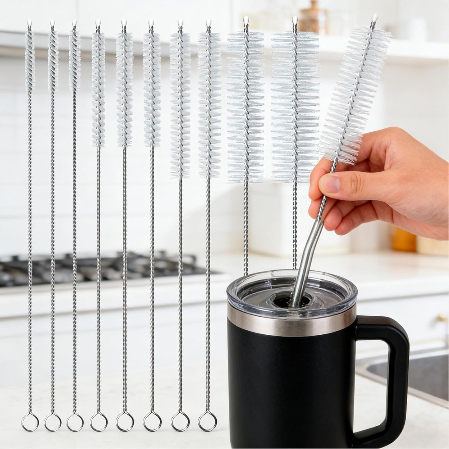 Straw Cleaner Brush, Reusable Metal Handles Straw Cleaning Brush Extra Long for Mug 40, 30, 20 oz, 10mm 15mm Wide for Sippy Cup, Water Bottle and Tubes Pipe