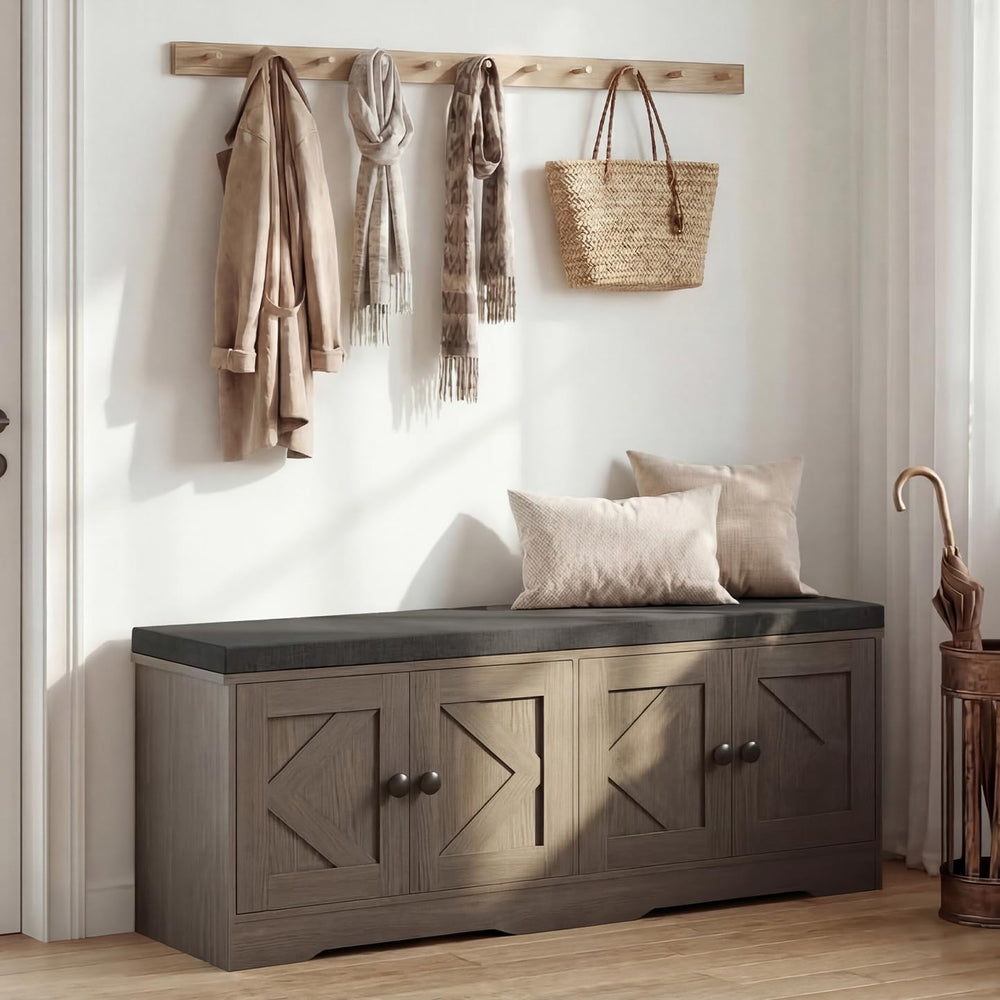 Apicizon Storage Bench with Seat Cushion, 2 Tier Entryway Bench with 4 Barn D...