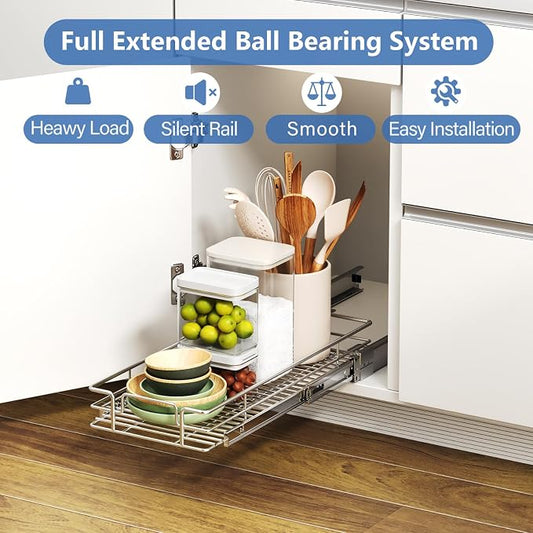 ROOMTEC Pull Out Cabinet Organizer, Single Tier, Heavy Duty Slide Out Shelves - Image 2