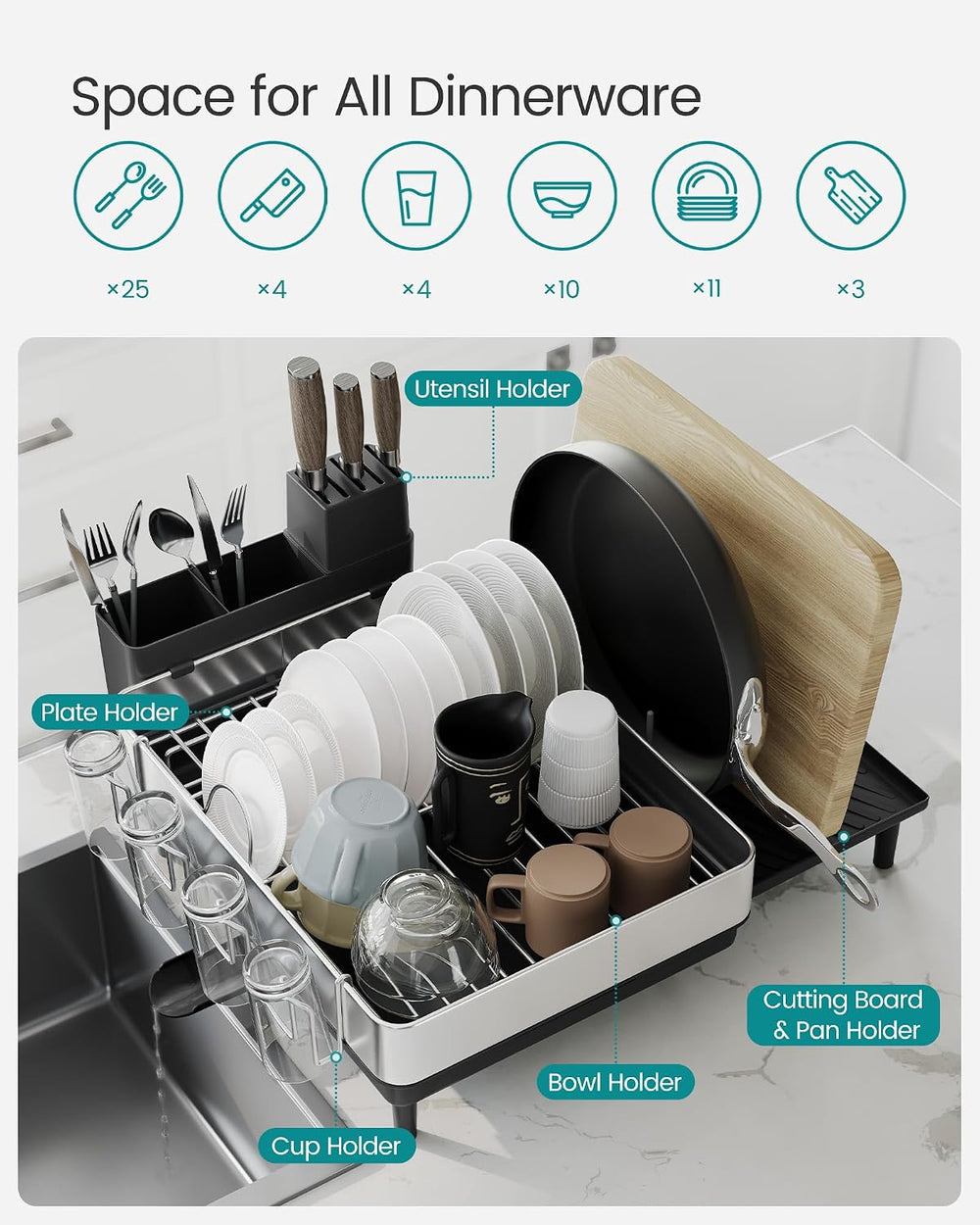 SONGMICS Dish Drying Rack, Expandable Stainless Steel, with Rotatable Spout