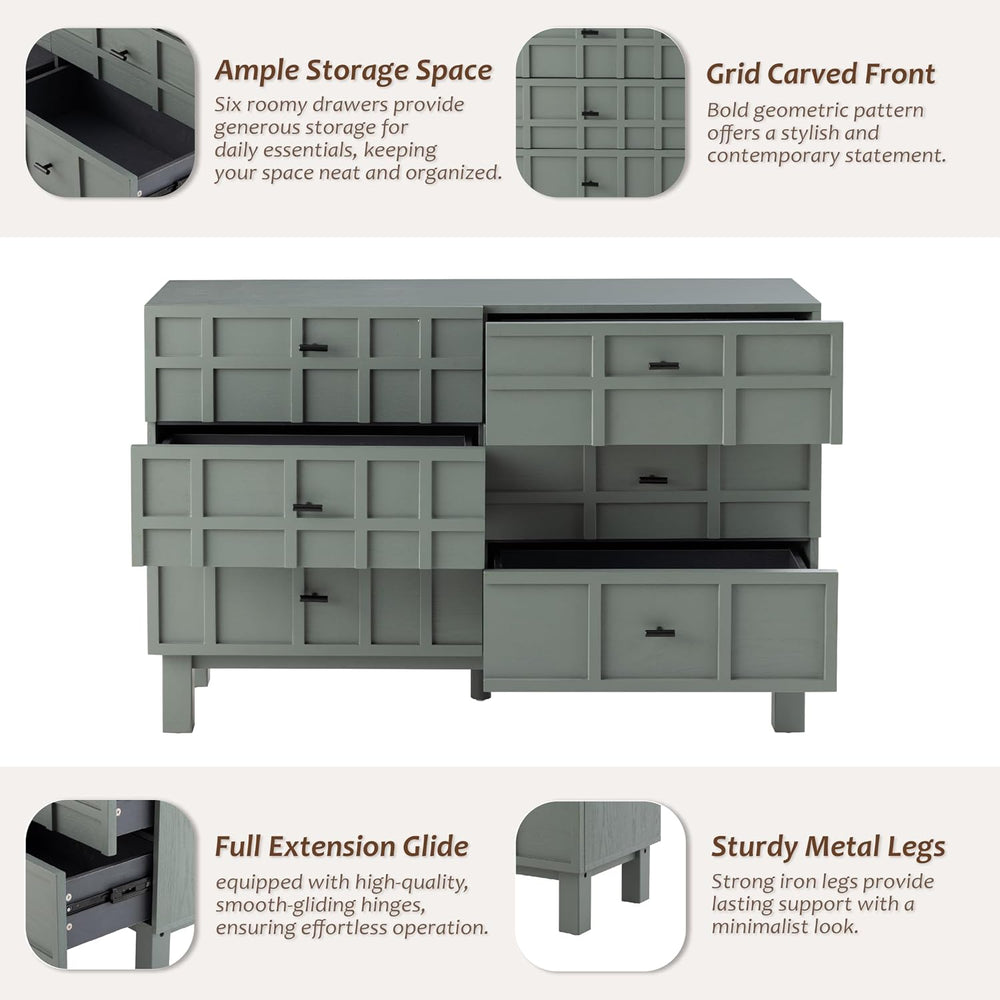 Aoikax Modern 6 Drawer Double Dresser with Grid Carved Pine Front, Minimalist...