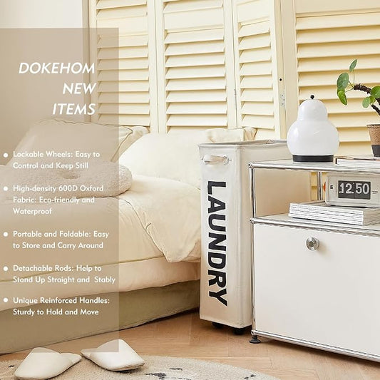 DOKEHOM 25-Inches Slim Laundry Basket on Wheels, Collapsible Rolling Laundry - Image 2