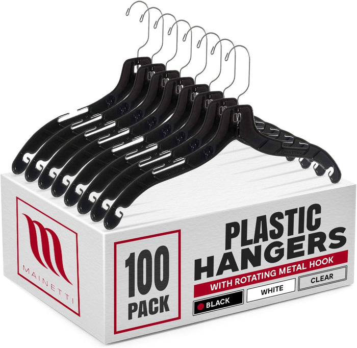 Mainetti 17in Black Plastic Shirt Hangers with Swivel Hook (100 Pack)