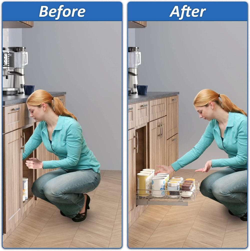 ROOMTEC Pull Out Cabinet Organizer - 14" W x 18" D, Slide Out Stora...