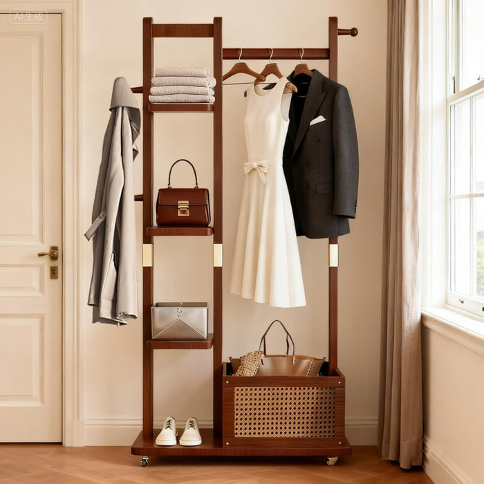 Solid Wood Clothes Rack with Wheels, Rolling Clothing Rack with 4 Shelves & 4 Hooks, Oak Coat Rack Freestanding Heavy Duty with Storage Basket, Coat Hanger Stand for Garment Bags Wallets Hats Shoes