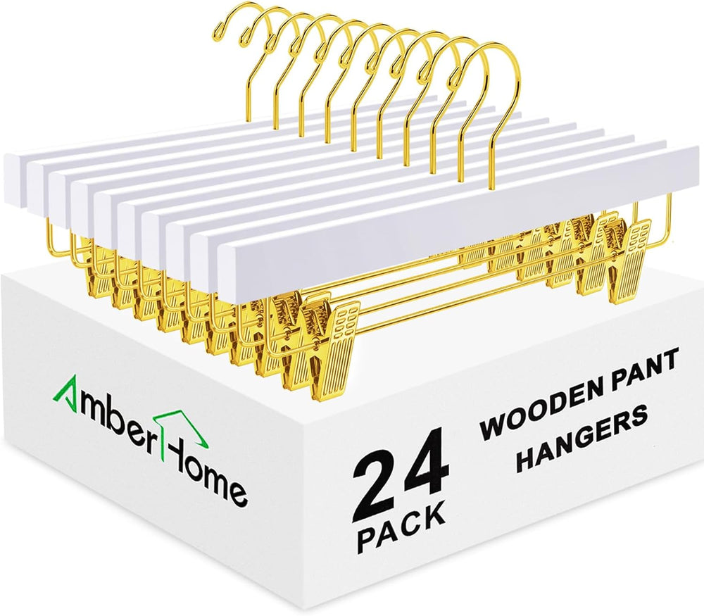 Amber Home 24 Pack White Wooden Pants Hangers with Gold Clips