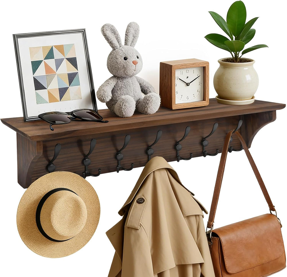 33" Coat Rack with Shelf Wall Mount, Pre-Assembled Solid Wood Coat Hooks...