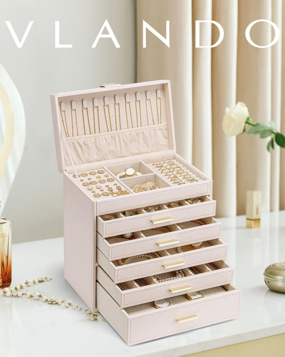 VLANDO Large Jewelry Box, 6 Layer Storage Organizer, Removable Dividers