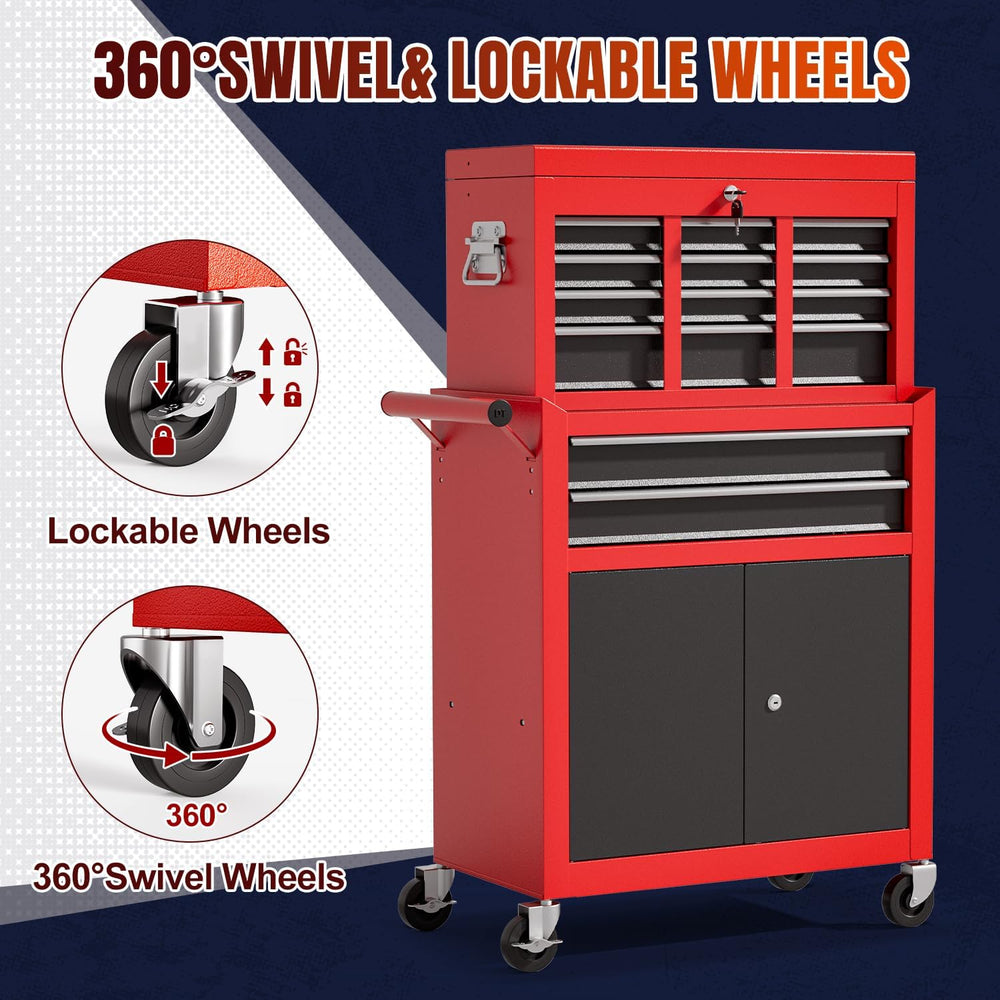 10-Drawer Rolling Tool Chest with wheels, Lockable 2-in-1 Tool Box