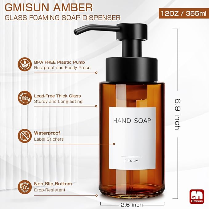 GMISUN Glass Foaming Soap Dispenser, 10 Fl oz / 300ml Amber Glass Soap Dispenser - Image 9