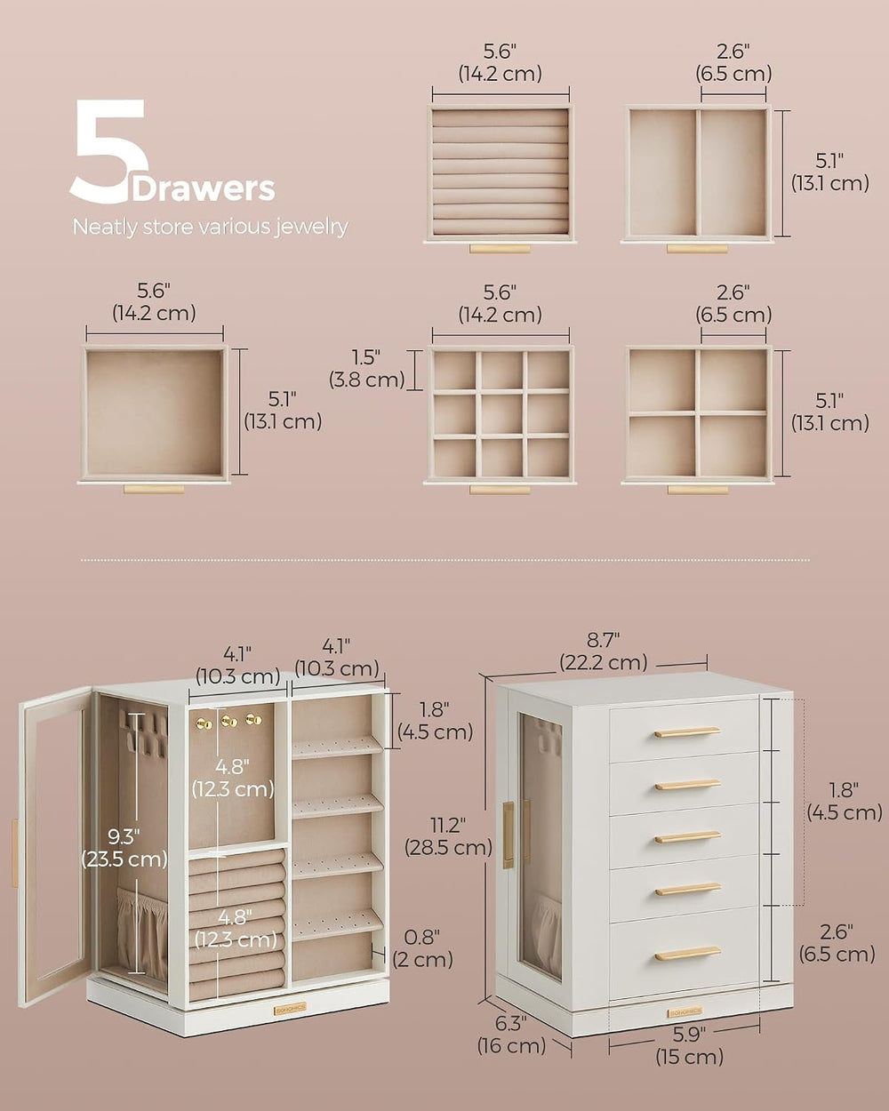 SONGMICS Jewelry Box Organizer, 360° Rotating, 5 Drawers, Cloud White
