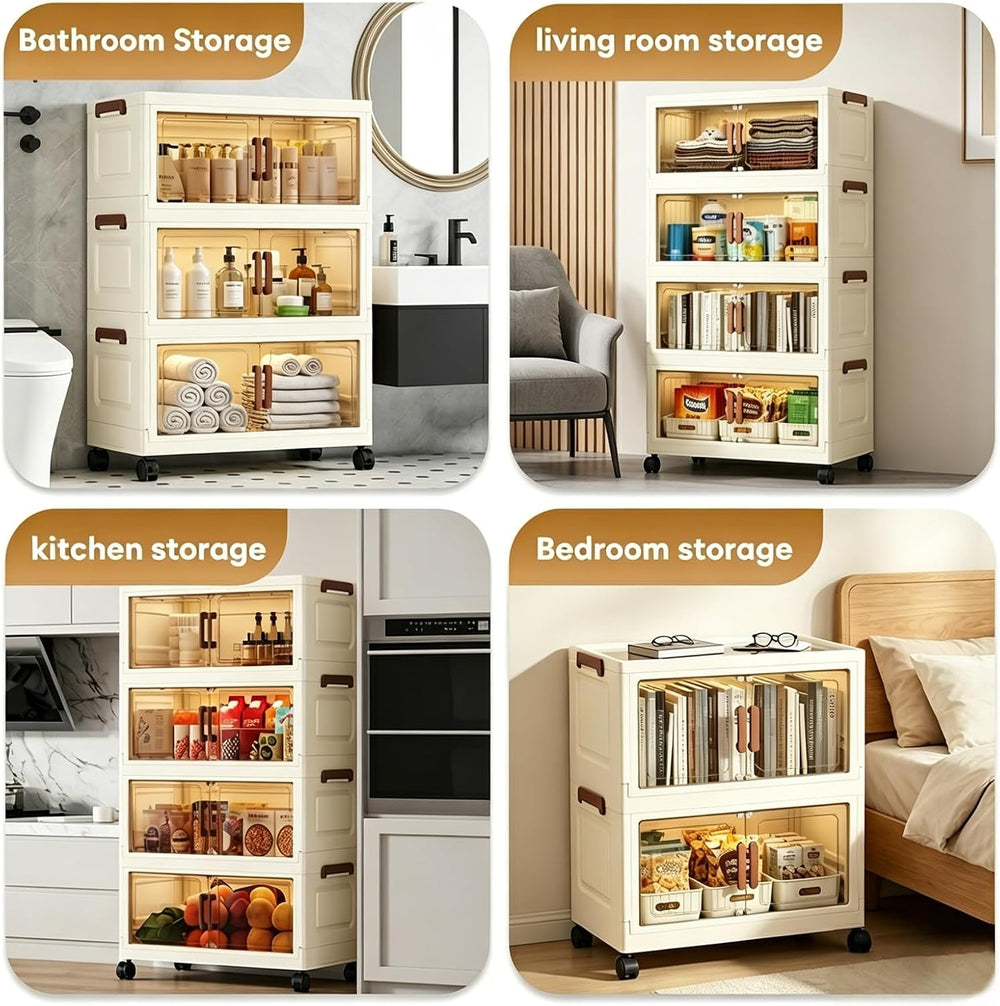 154QT Stackable Collapsible Storage Bins withLids and Front Doors, Rolling Li...