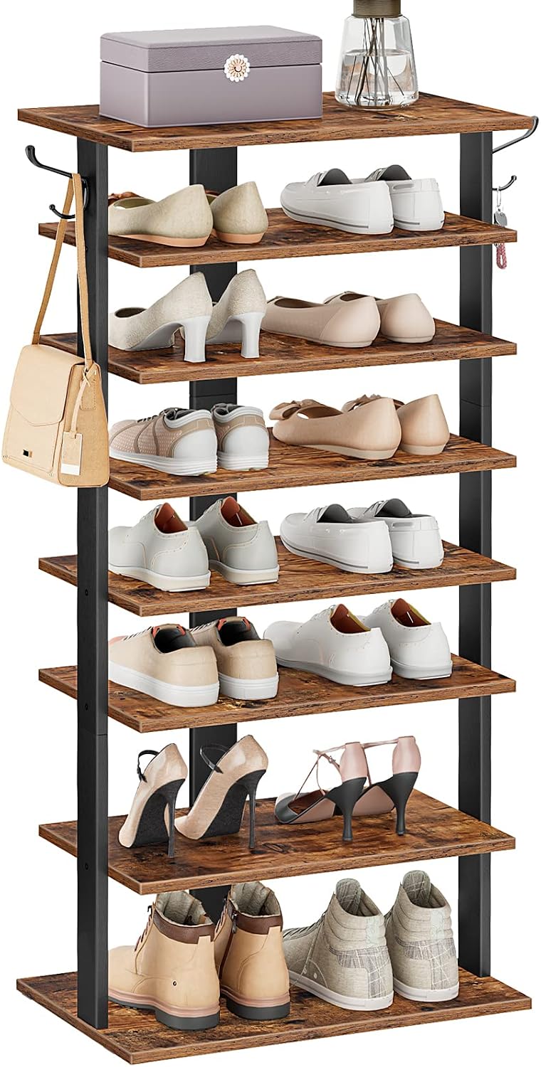 HOOBRO 8 Tiers Vertical Shoe Rack, Wooden Shoe Storage Organizer with Hooks, ...