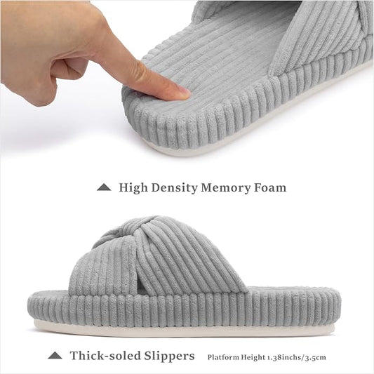 Chantomoo Slippers for Women Memory Foam House Bedroom Corduroy Bow Crossbands - Image 2