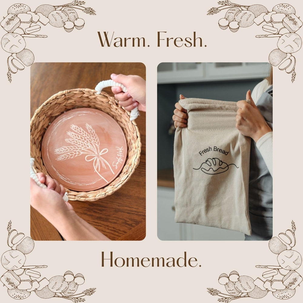 Simply H&K Bread Warmer Basket with Stone - Includes Reusable Linen Bread...