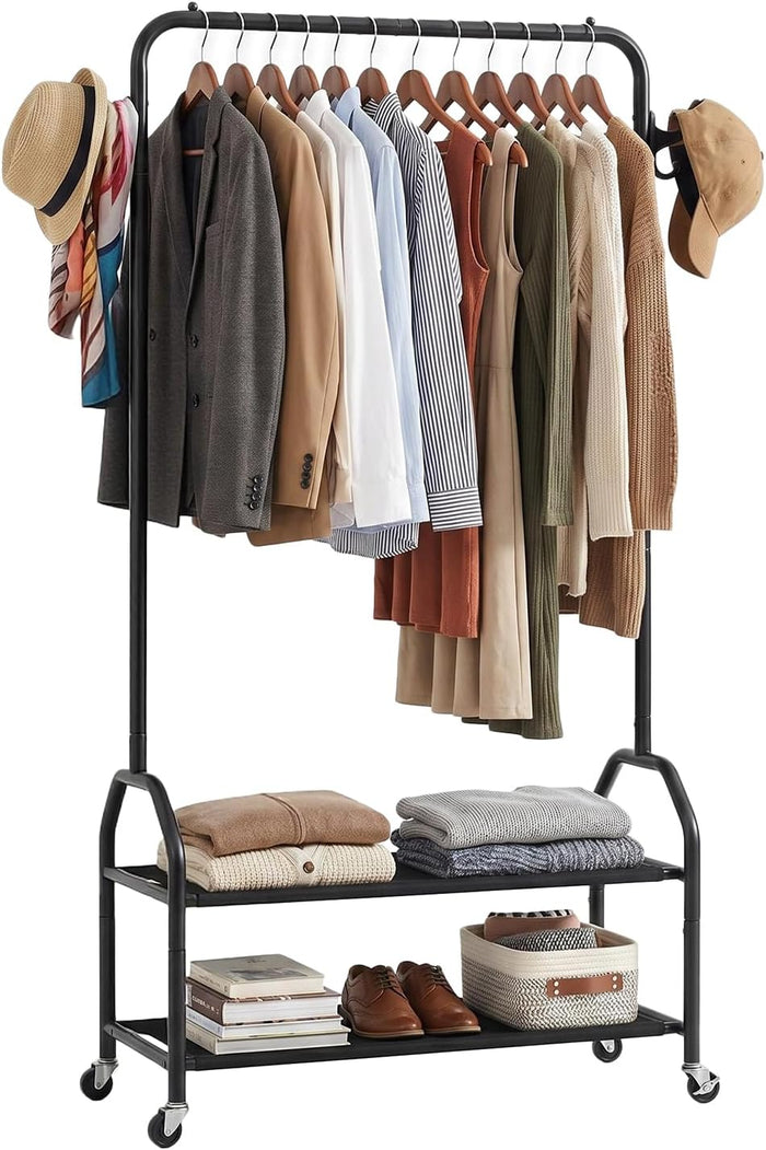 Clothes Rack with 2 Tier Shelves, Rolling Garment Rack