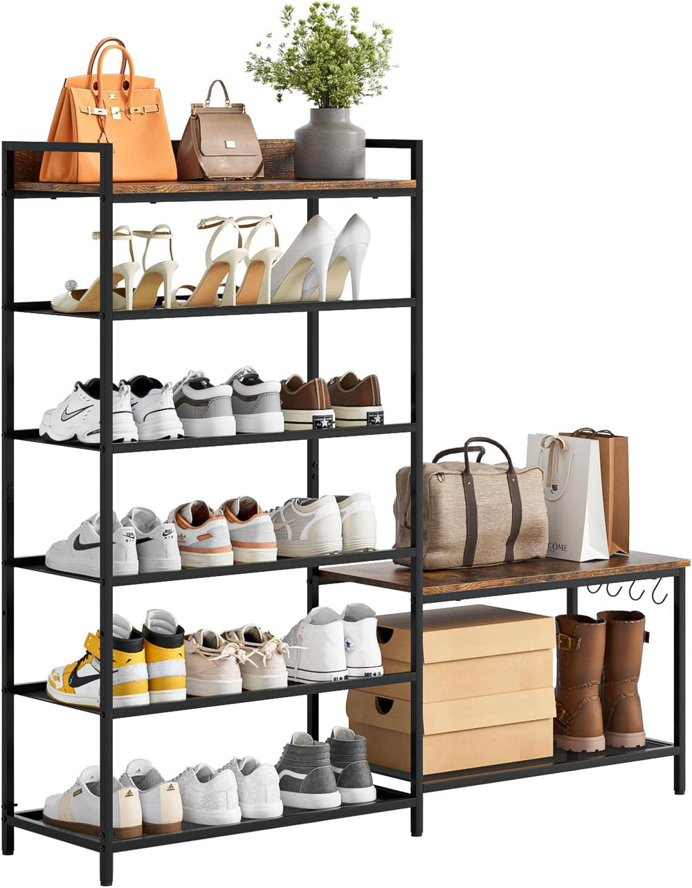Shoe Rack Bench Storage Organizer for entryway,6-Tier Industrial Free Standin...