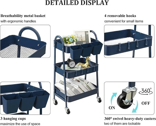 danpinera 3-Tier Rolling Cart, Metal Rolling Storage Cart - Image 2