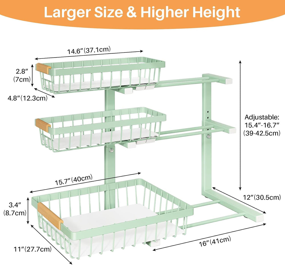 PXRACK Under Sink Organizer, 1-Pack 3-Tier Height Adjustable Thickened Metal ...