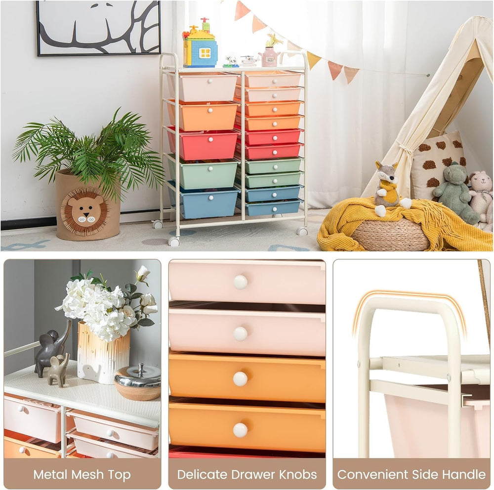 LDAILY 15 Drawer Rolling Storage Cart, Rolling Cart with Drawers for Classroo...