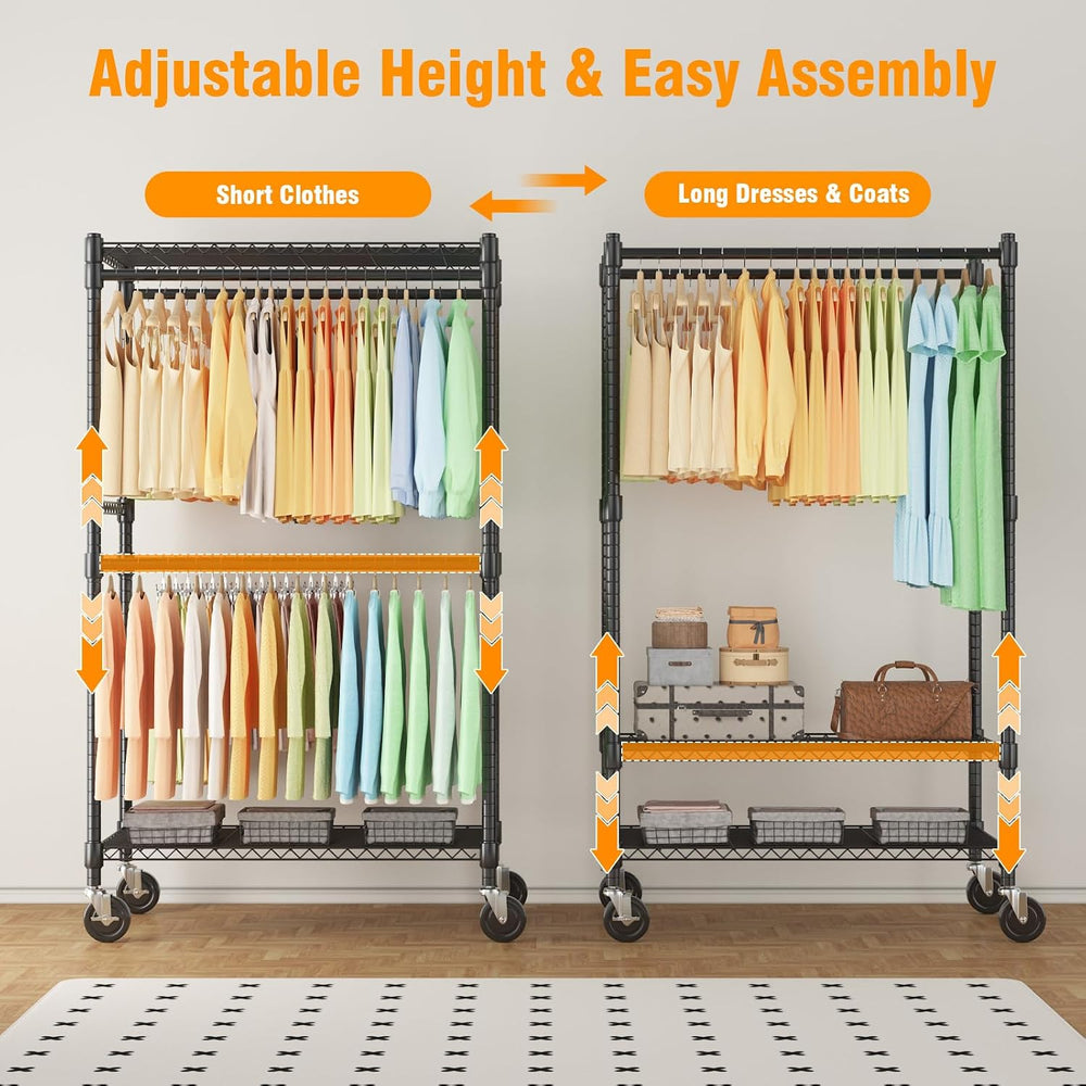 Himimi Double Rods Clothes Rack Heavy Duty, Adjustable Metal Garment Rack wit...