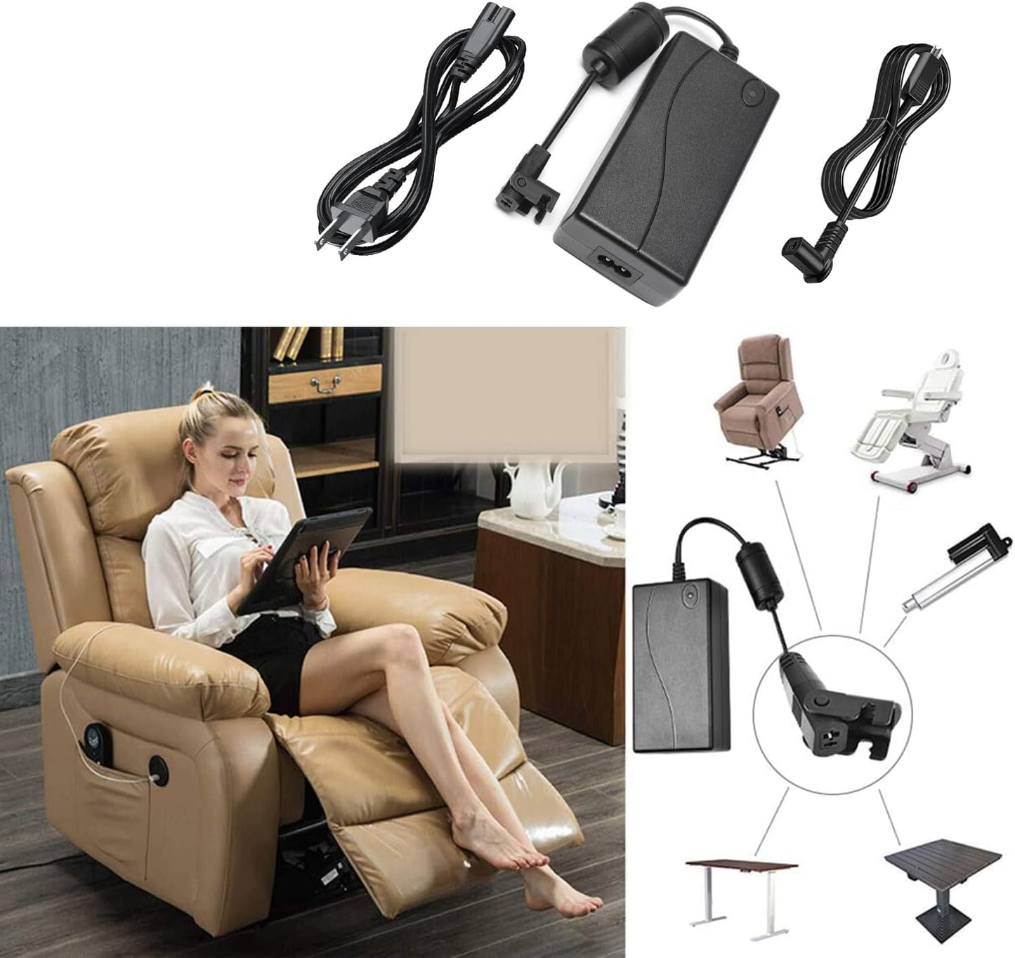 Universal Power Cord for Recliner Chair, 2-pin 29V 2A Recliner Power Supply Whit Magnetic Ring Extension Cable Compatible with Most Models for Recliner, Lift Chairs and Sofa