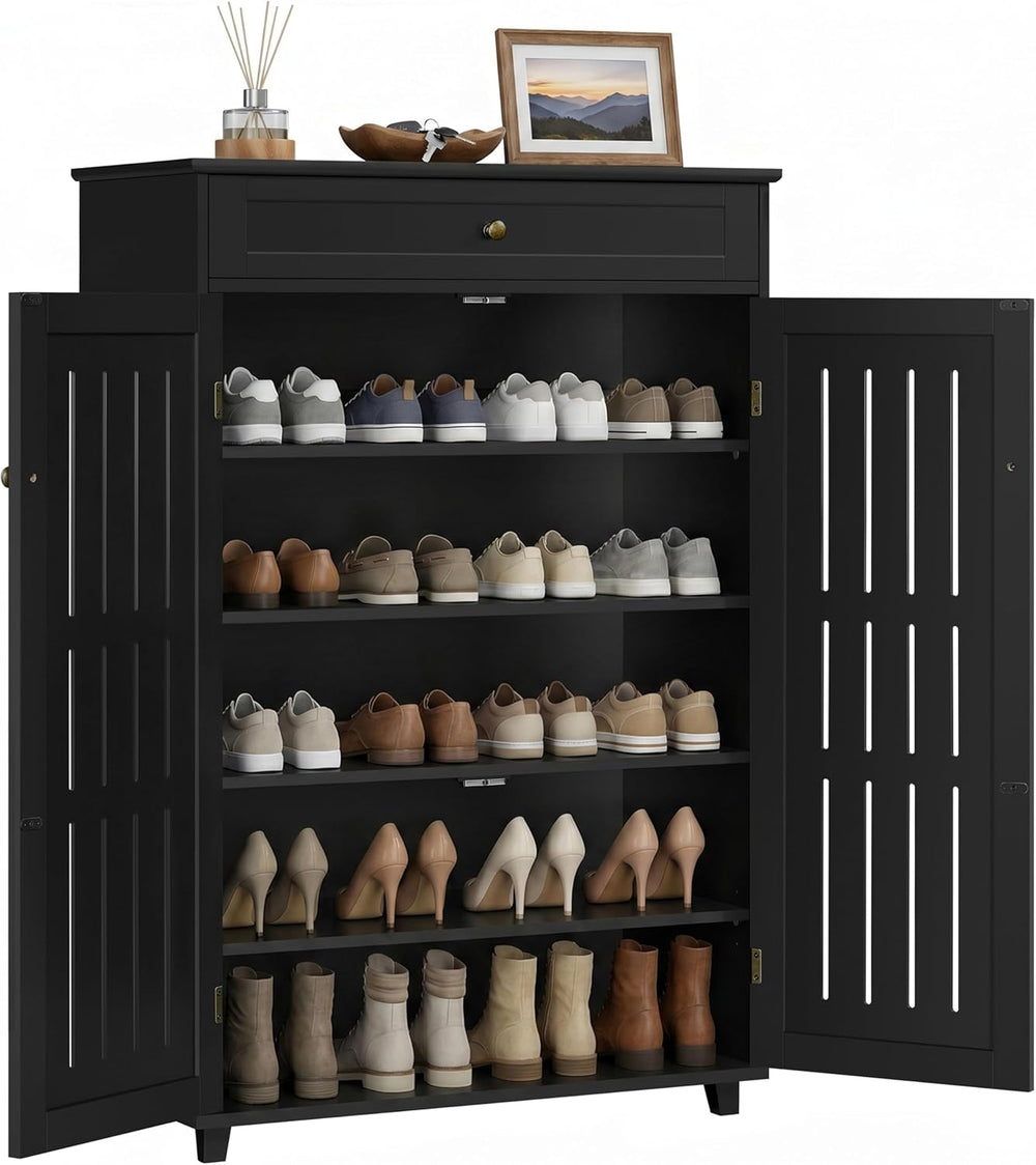 Yaheetech Tall Shoe Cabinet with Drawer & Doors for Entryway, 5-Tier Black