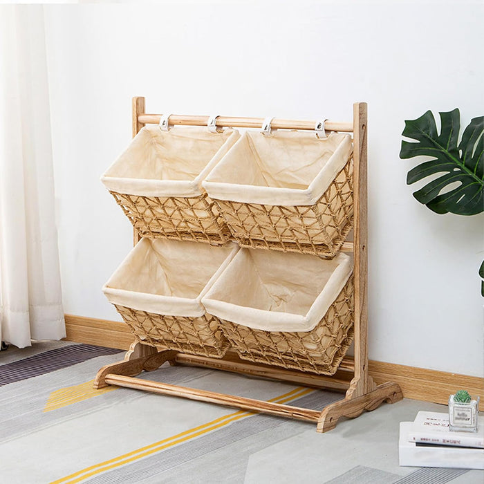 3-Tier Wicker Basket Stand with Wood Frame, Floor Standing Storage Rack with Removable Liners & Leather Straps, Decorative Fruit & Snack Organizer for Kitchen, Living Room (A, 26" Lx14 Wx28 H)