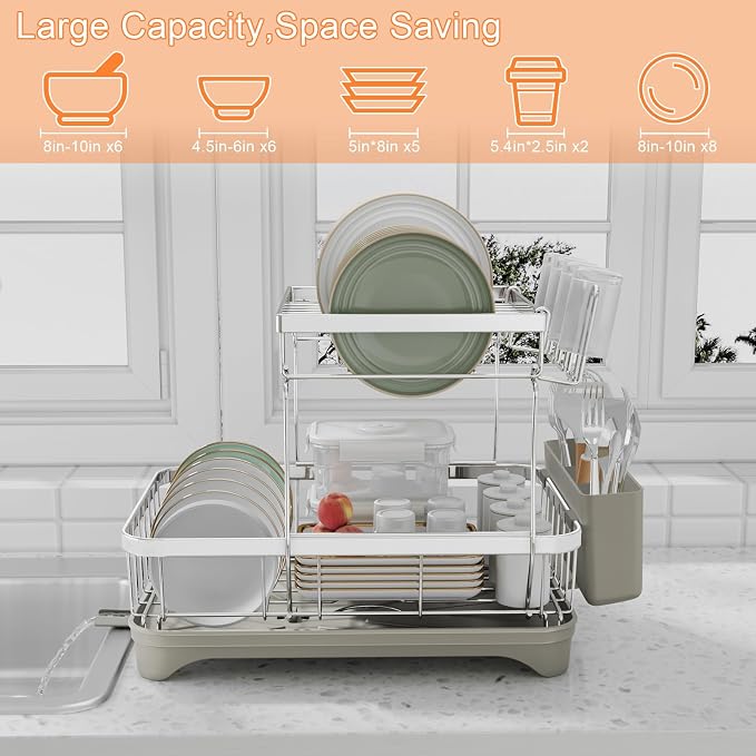 Dish Drying Rack, 2 -Tier 304 Stainless Steel Adjustable Spout Auto-Draining - Image 9