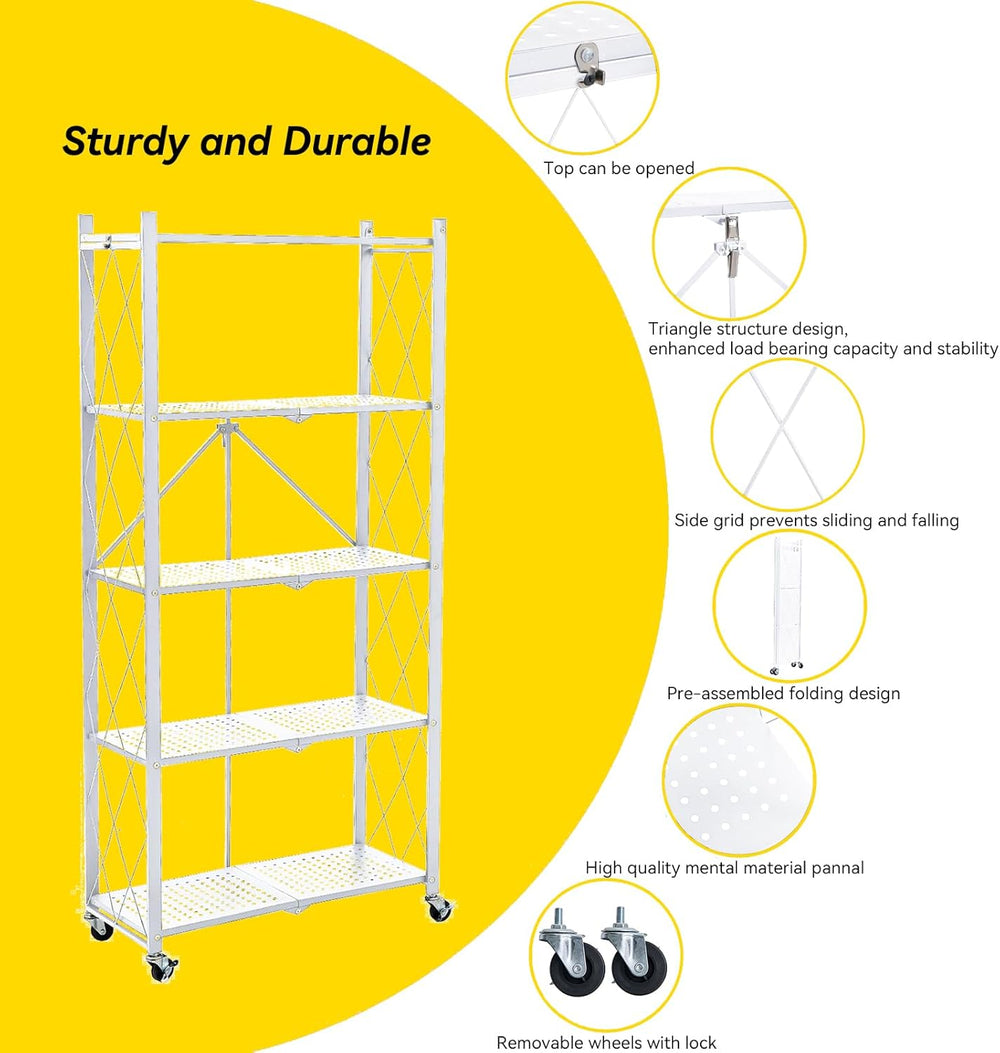 BRIAN & DANY 5-Tier Foldable Storage Shelves with Wheels, Folding Metal R...