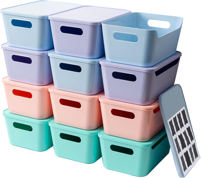 Tiawudi 12 Pack 4.5L Storage Bins with Lids, Plastic Storage Baskets for Home Classroom Organization, Multi-Use Organizer Bins for Cabinet, Pantry, Drawer, Countertop or Shelves, Colorful Containers