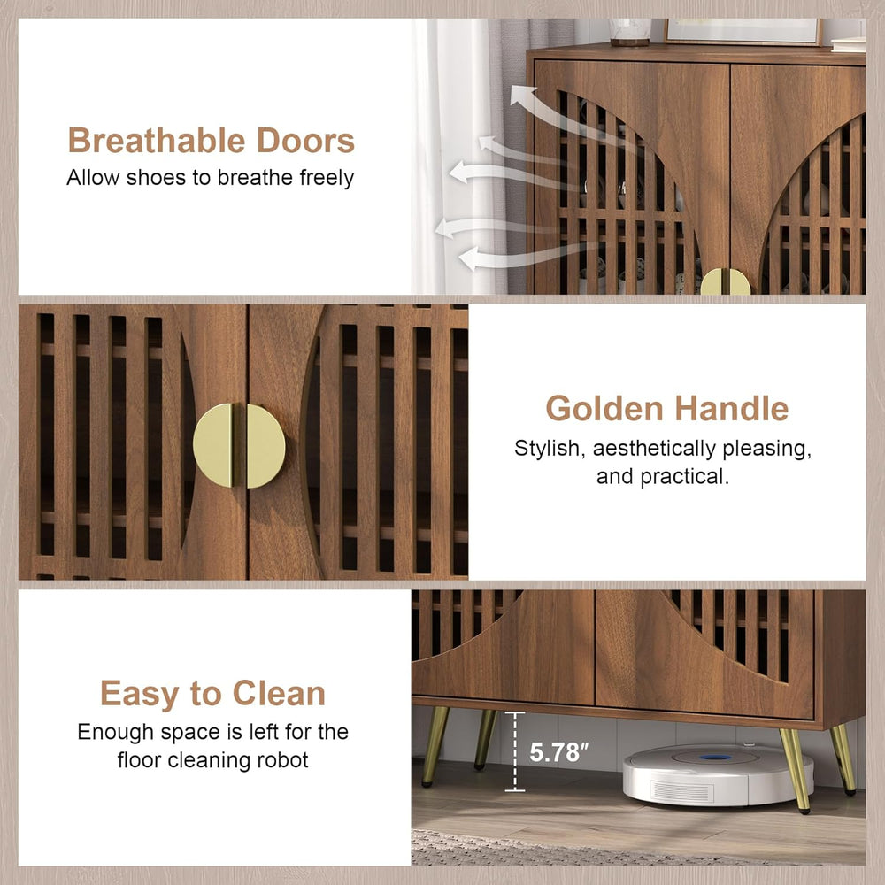 5-Tier Walnut Shoe Storage Cabinet with 2 Slatted Doors, Shoe Cupboard with A...