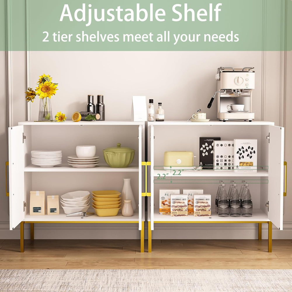 3 Set of Storage Buffet Cabinet with Gold Handles and Metal Legs, White丨Frees...