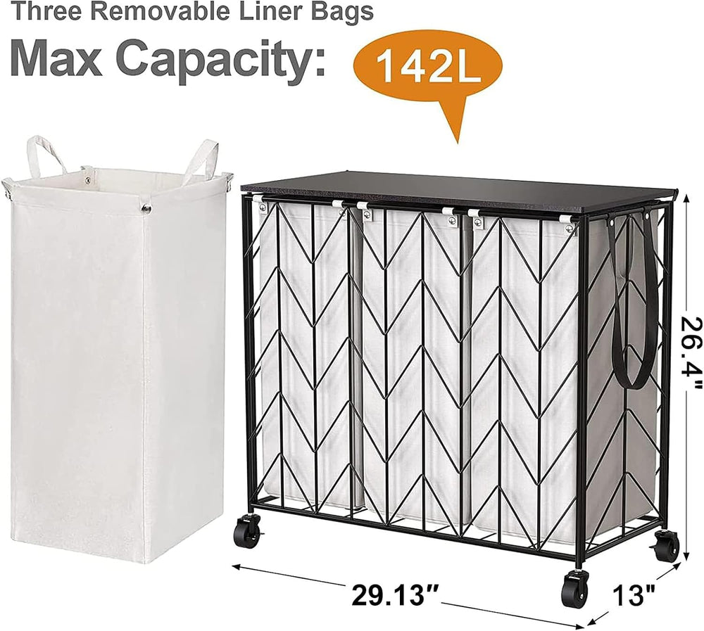 WOWLIVE Laundry Hamper 3 Section with Lid, 142L Laundry Basket with Wheels