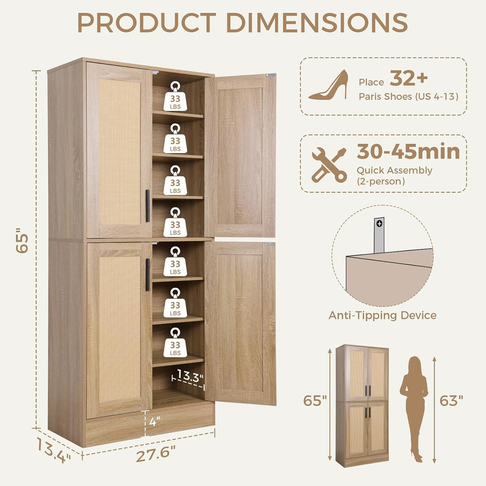 65" 8-Tier Tall Shoe Cabinet with Rattan Doors