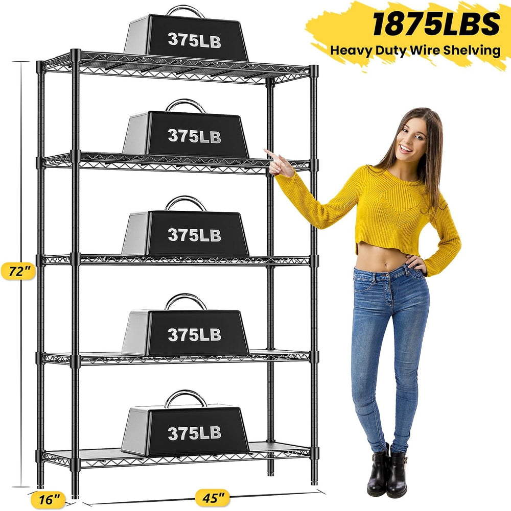 45" W Storage Shelves 5 Tier Wire Shelving, Adjustable Metal Shelving Un...