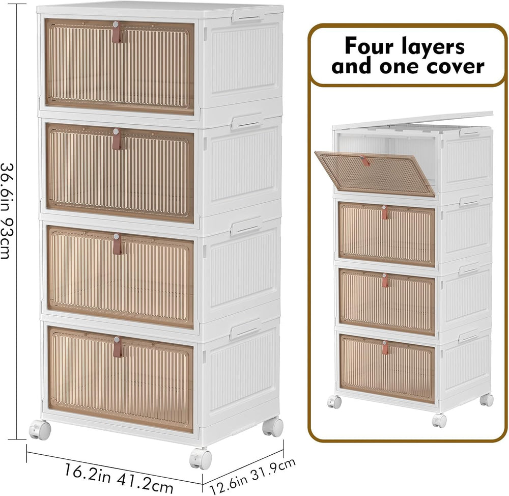 4 Tier Plastic Storage Bins with Lids 28QT, Stackable, Wheeled, Collapsible, ...