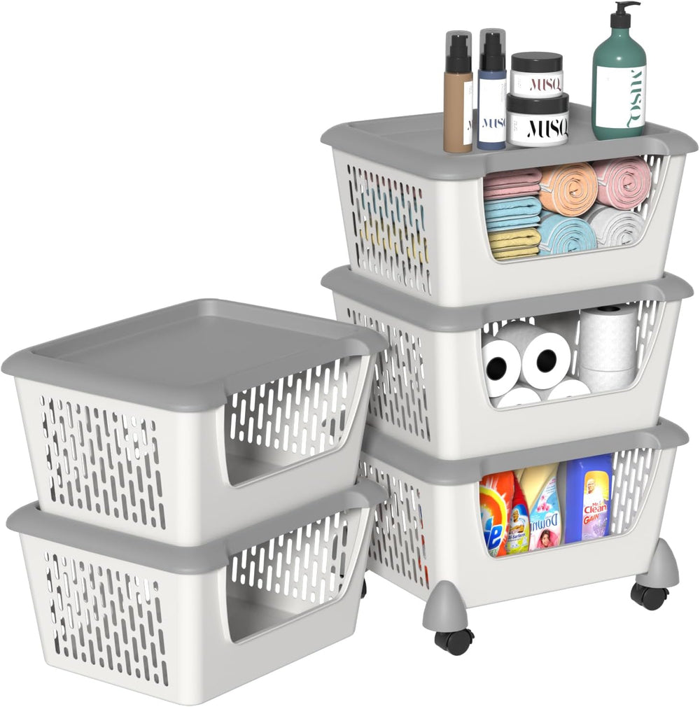 Plastic Stacking Basket with Wheels, Stackable Storage Basket Organizer, 5 Tiers