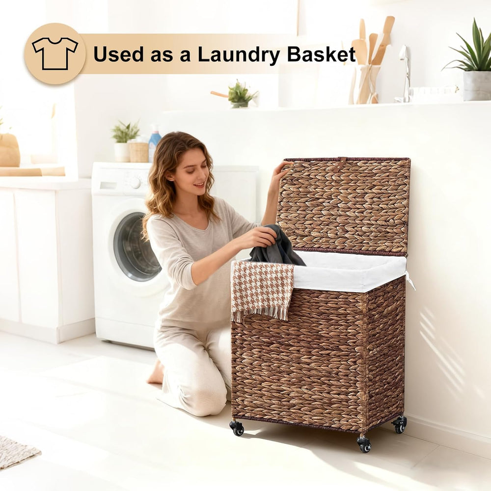 Handwoven Laundry Hamper with Wheels, Natural Water Hyacinth Rolling Laundry ...