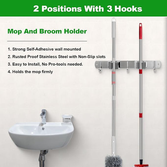 voze 2 Racks and 3 Hooks Mop and Broom Holder Wall Mount, Self Adhesive Heavy - Image 2