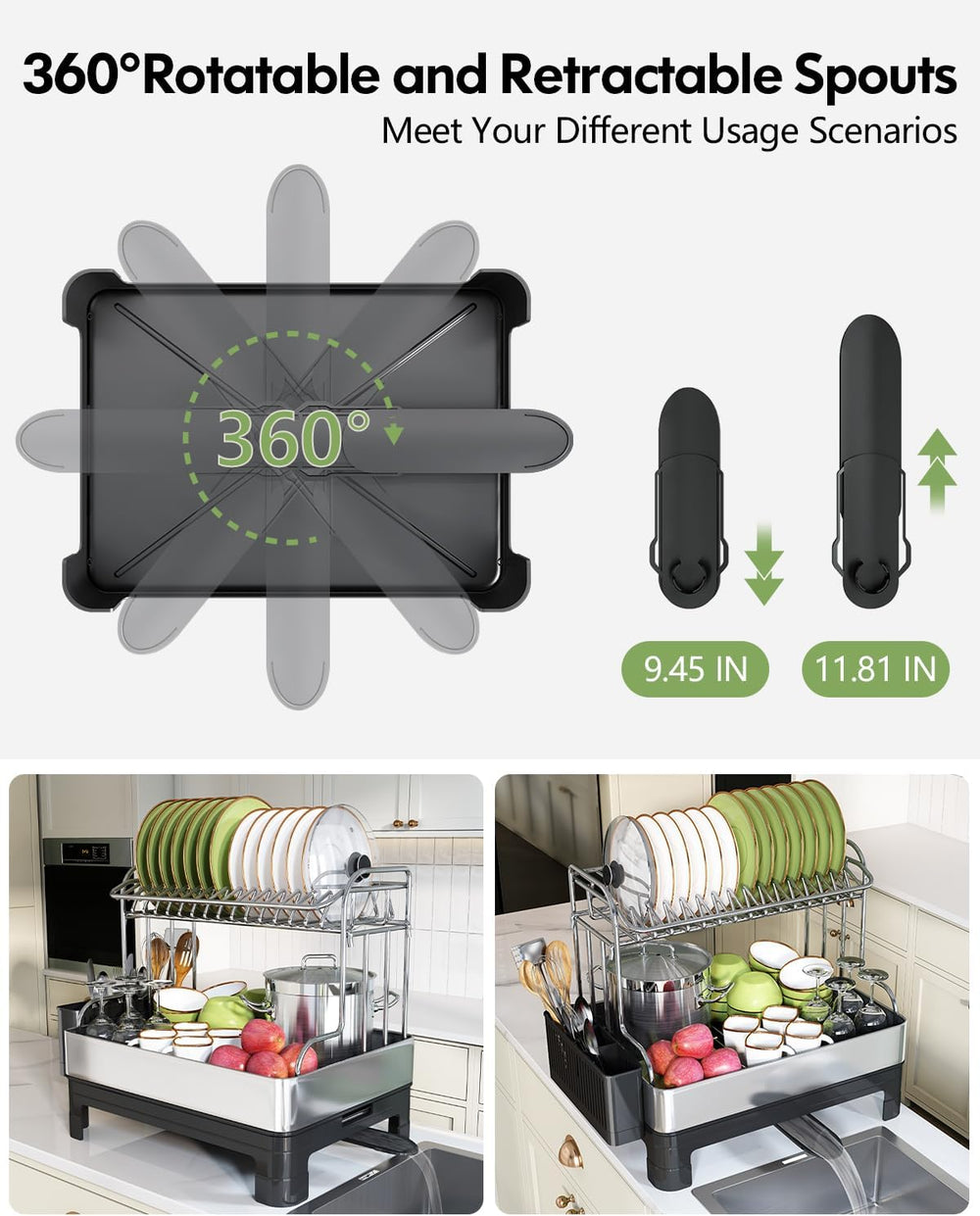 BOOSINY 2 Tier Large Stainless Steel Dish Drying Rack with Drain Board
