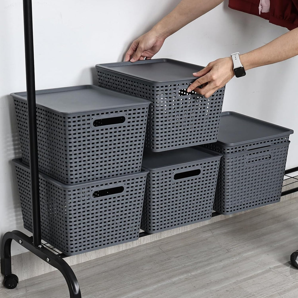 6-Pack Large Plastic Storage Baskets Bins with Lid, Gray