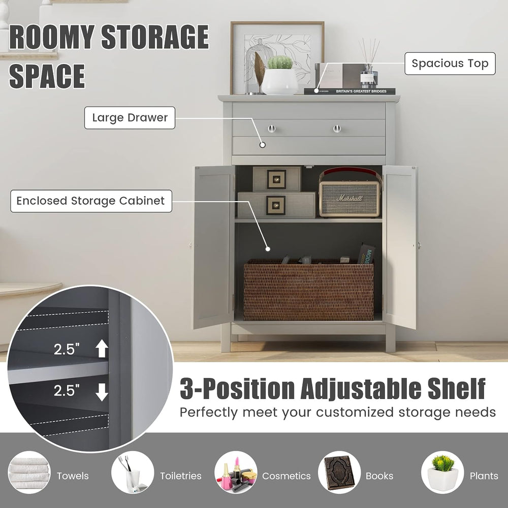 COSTWAY Bathroom Floor Cabinet, Wooden Side Storage Organizer (Grey)