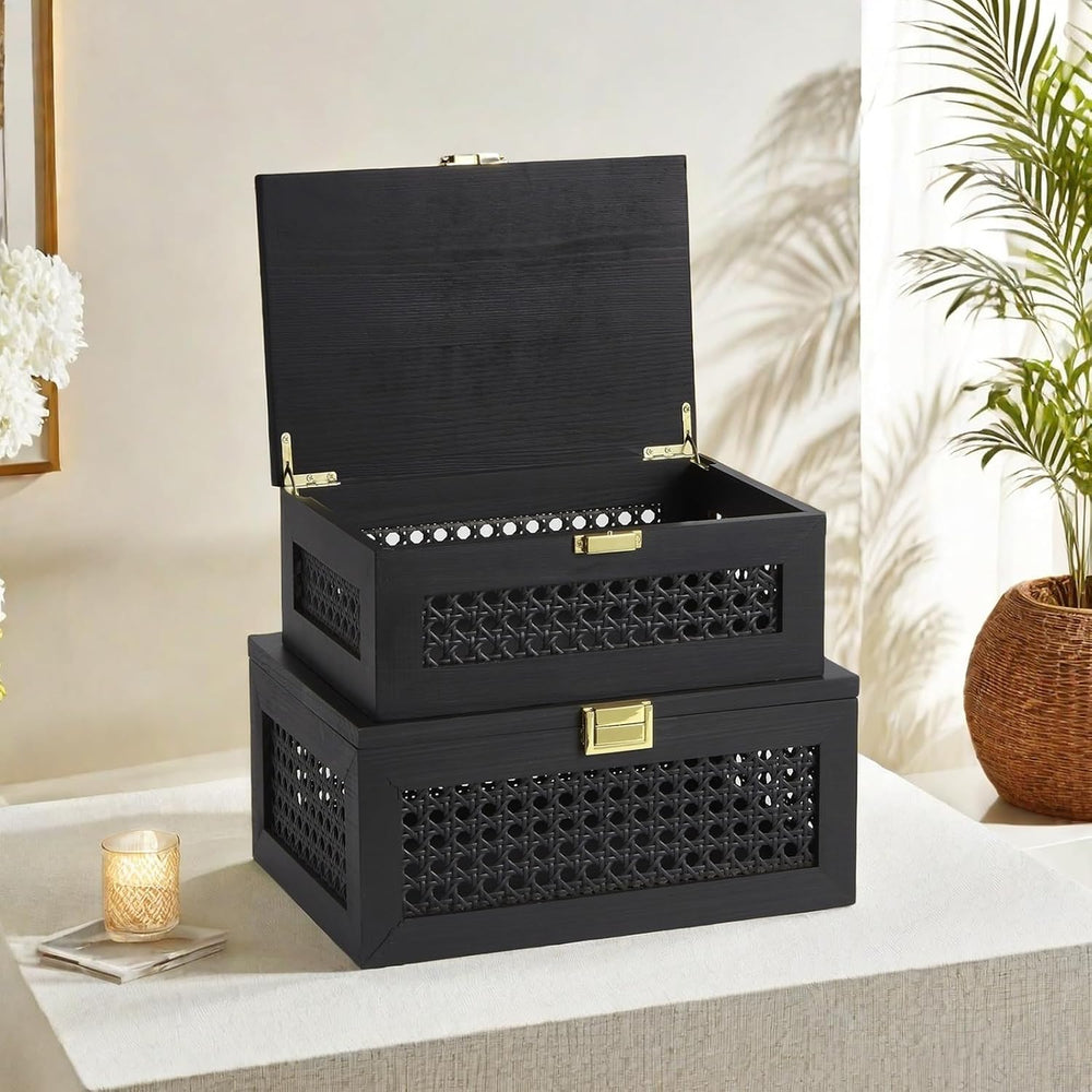 2PCS Decorative Rattan Storage Box Basket with Lid Wooden Frame