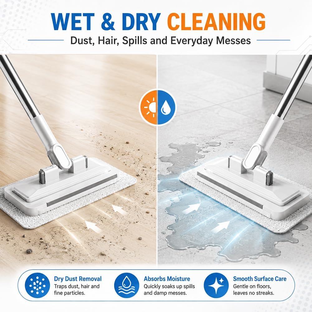 Hands-Free Multi-Purpose Flat Mop - 2026 Upgraded Cloth Changing Mini Mop, No Blind Spots 360 Rotating Wet Dry for Whole House Cleaning for Floor Wall Bathroom (110 cm / 43.3 in)
