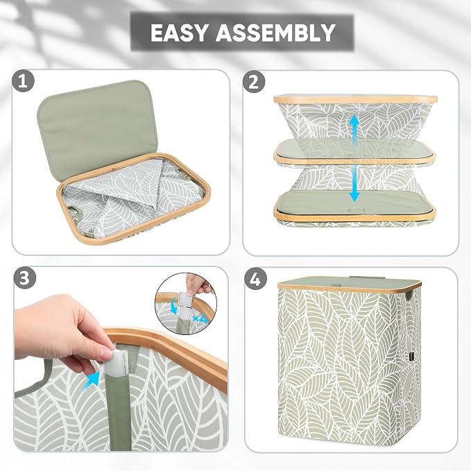 BALEINE Laundry Hamper with Lid, Tall Laundry Baskets with Bamboo Pull Handles