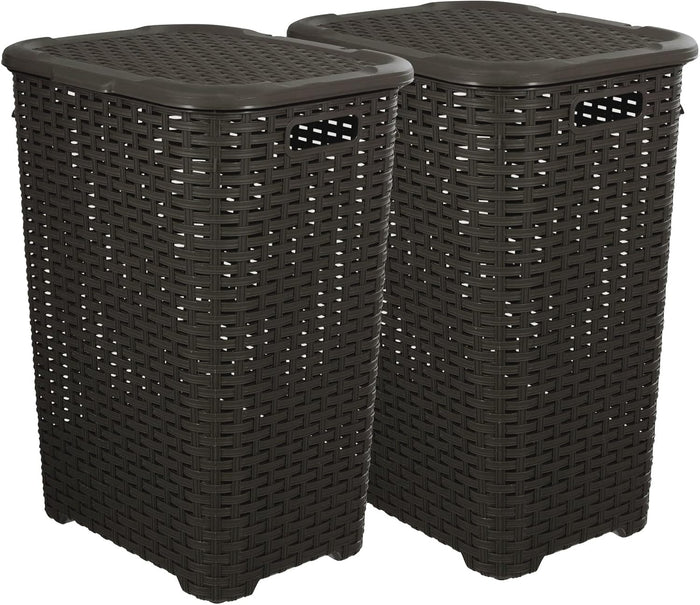 Superio Laundry Hamper with Lid 60 Liter Brown (2 Pack) Plastic Wicker Large Hampers Basket with Cutout Handles, Deluxe Bin to Storage Dirty Cloths in Washroom Bathroom